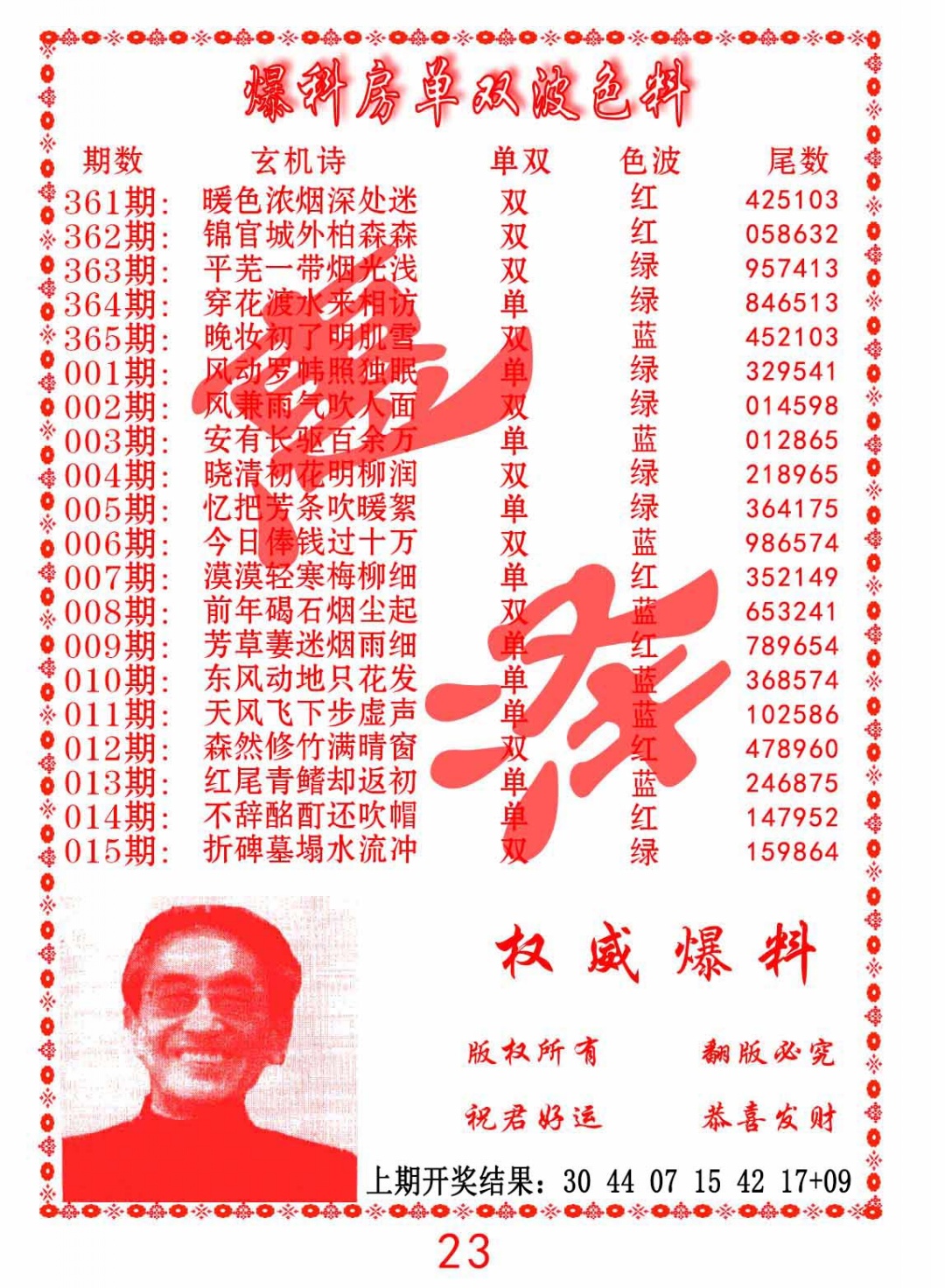 004期爆料房单双波色料[图]